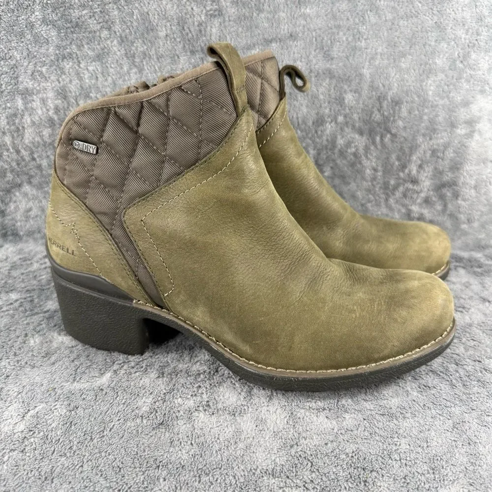 Women’s 9 Merrell Chateau II Dusty Olive Mid Boots Side‎ Zip Waterproof J45548
